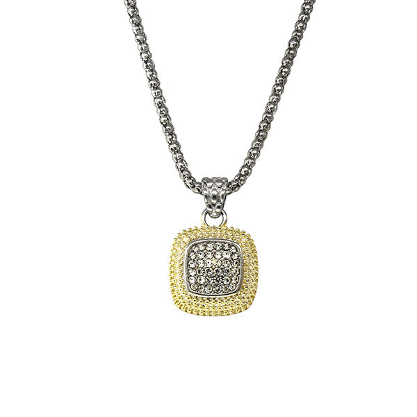 16" Two Toned Necklace with Pave Square Pendant