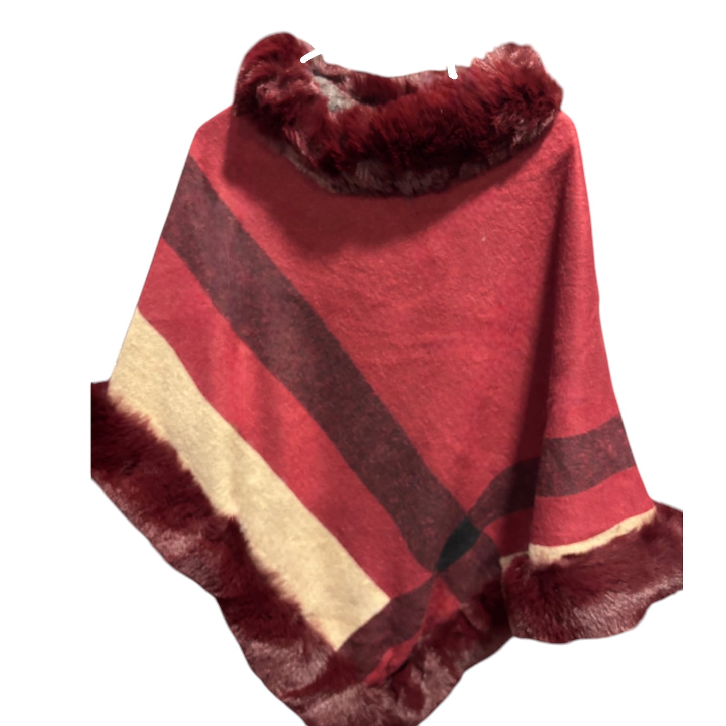 Faux Fur Trimmed Poncho with Wide Stripes