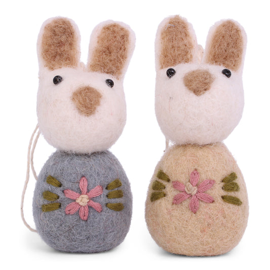 White Bunnies with Flower Embroidery Hanging Decorations (Set Of 2) in Blue