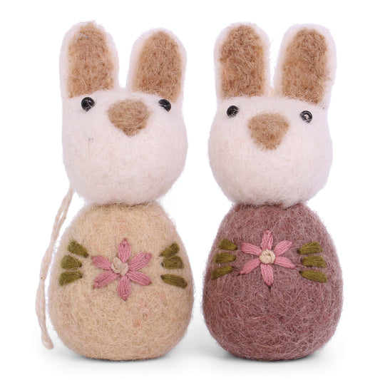 White Bunnies with Flower Embroidery Hanging Decorations (Set Of 2) in Plum