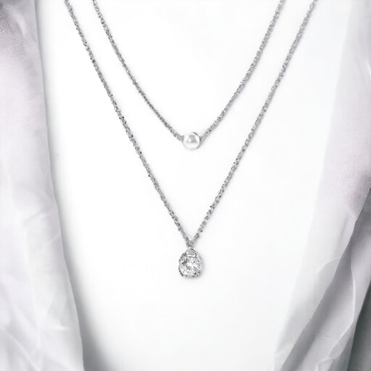 Silver Pearl and CZ Necklace