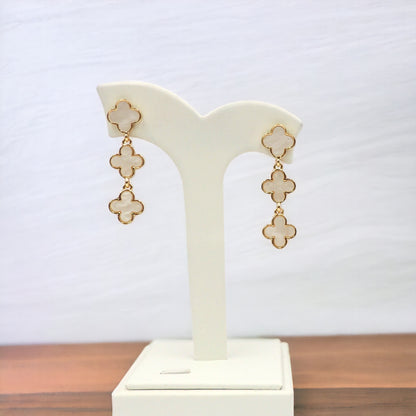 Gold Mother of Pearl Clover Drop Earrings