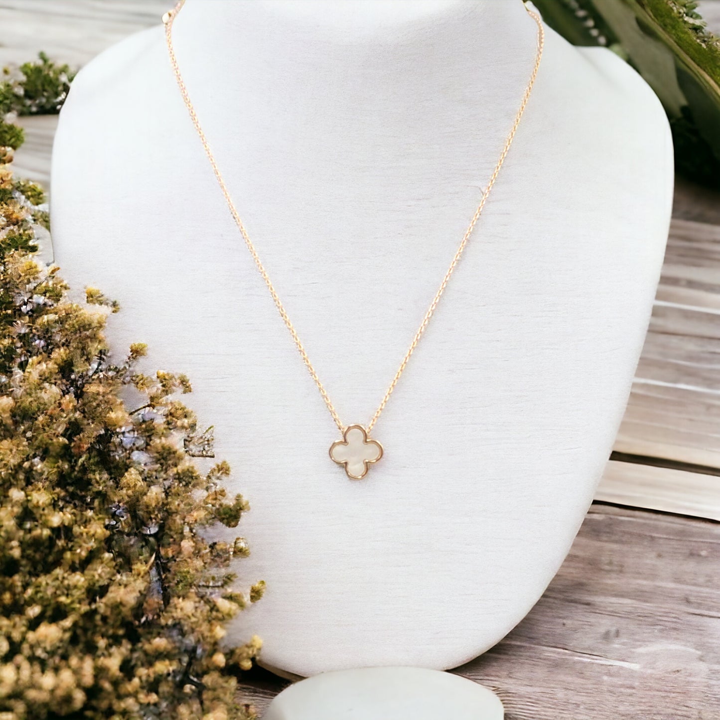 Gold Mother of Pearl Clover Pendant Necklace