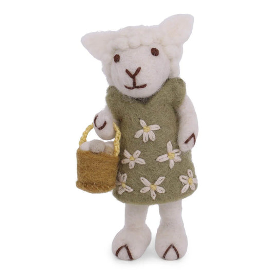 White Sheep With Green Dress And Egg Basket Hanging Decoration