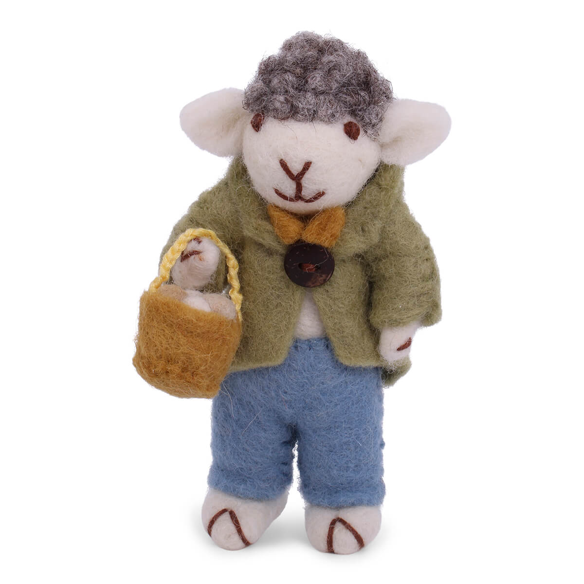 Grey Sheep With Green Jacket And Egg Basket Hanging Decoration