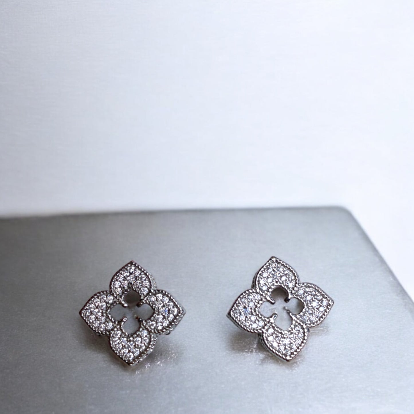 Silver Pointed Clover Studs with Pave Crystals