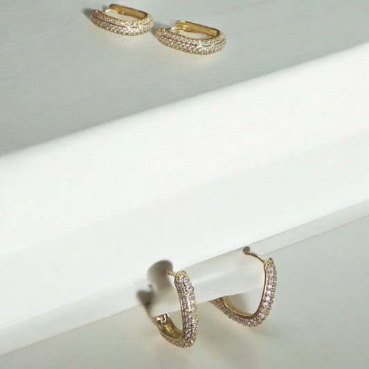 Gold Squared Pave Crystal Hoops