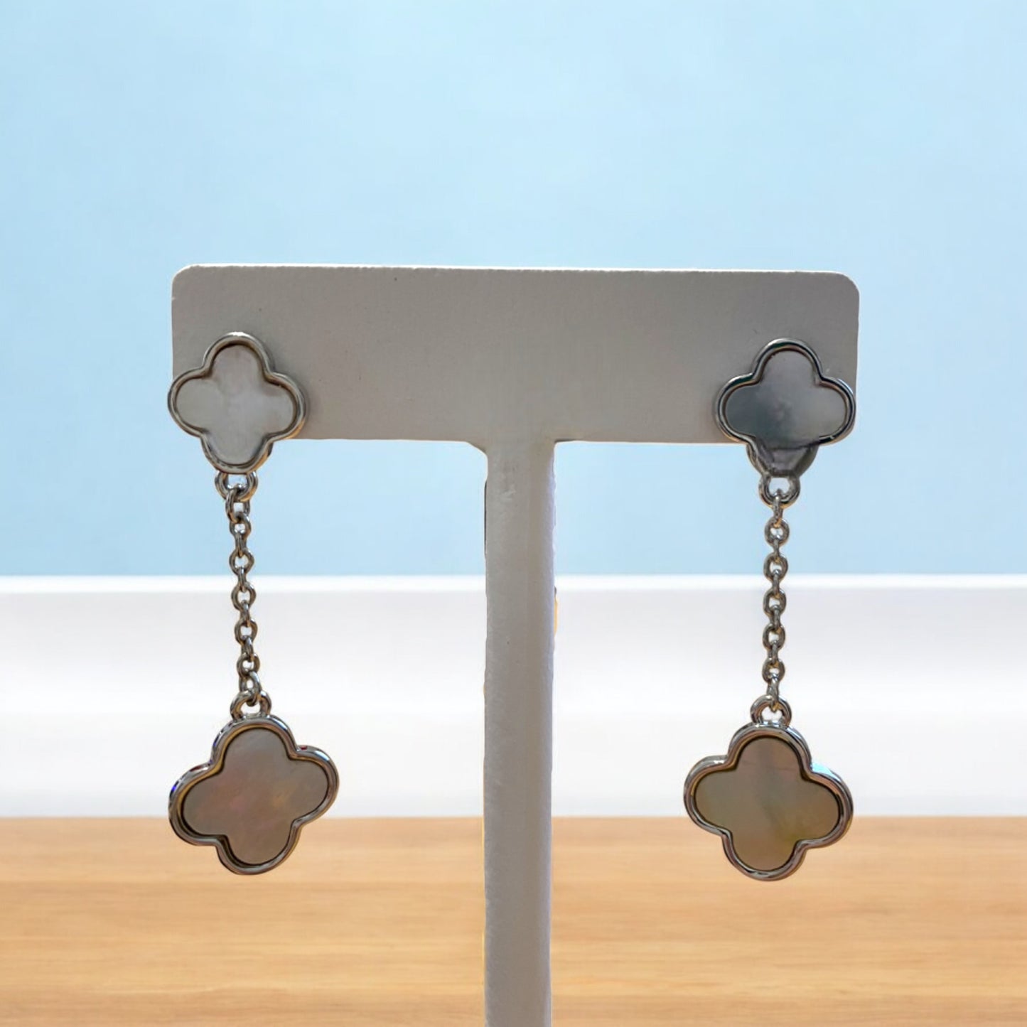 Silver Double Clover Dangling Earrings