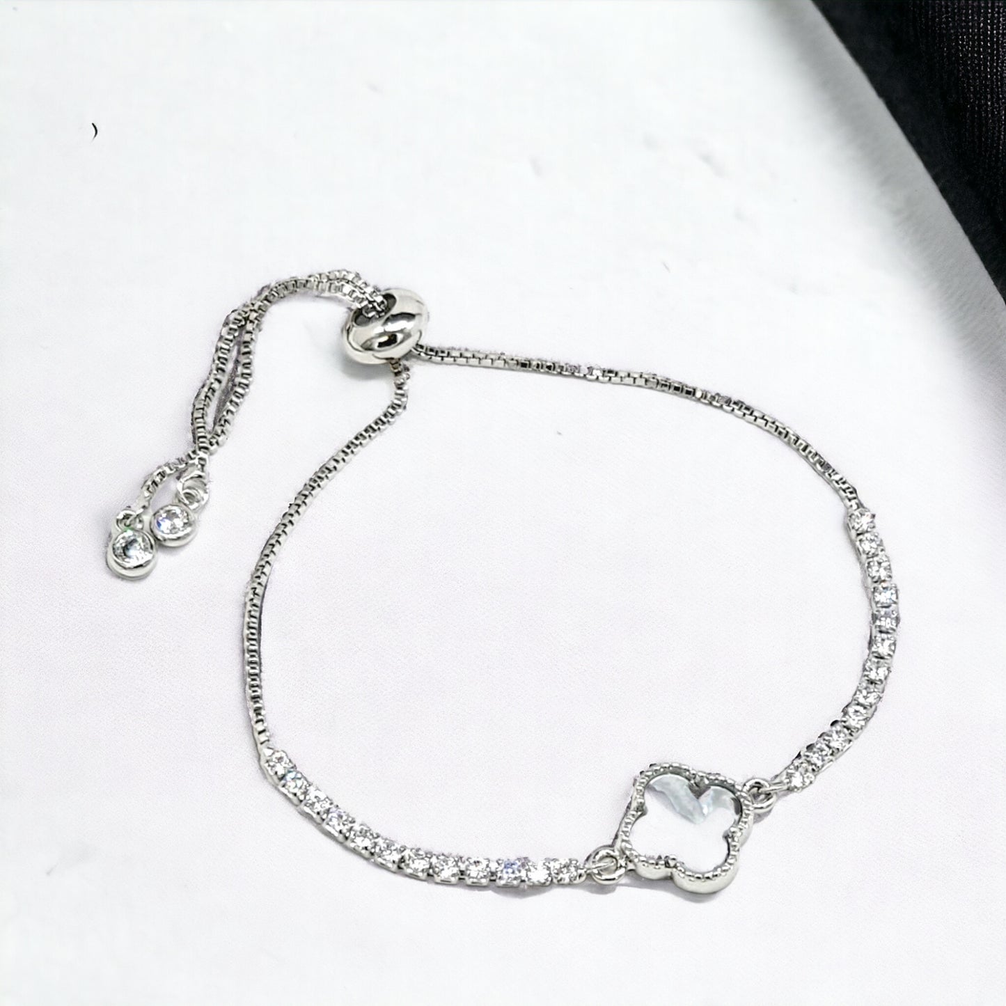 Silver Cubic Zirconia Adjustable Clover Bracelet - Marisa's Shopping Network 