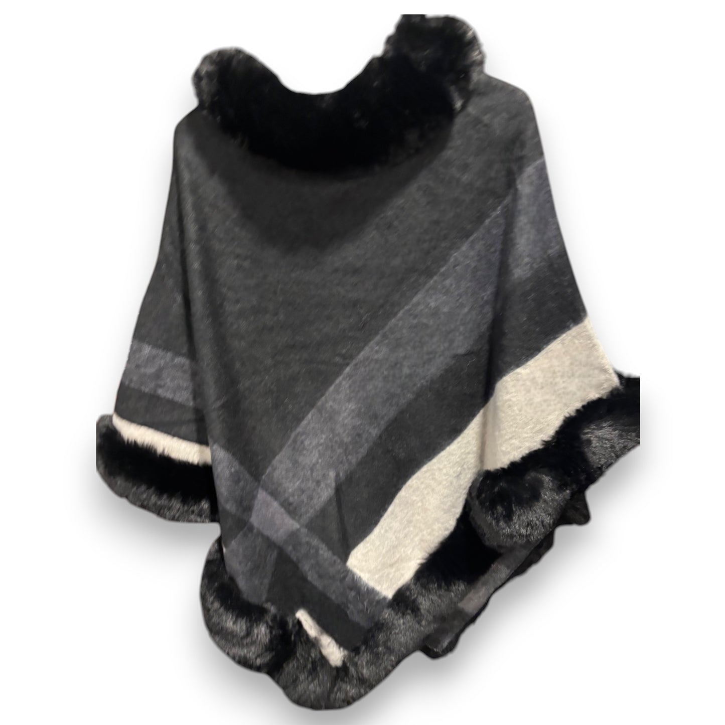 Faux Fur Trimmed Poncho with Wide Stripes