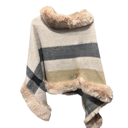 Faux Fur Trimmed Poncho with Wide Stripes