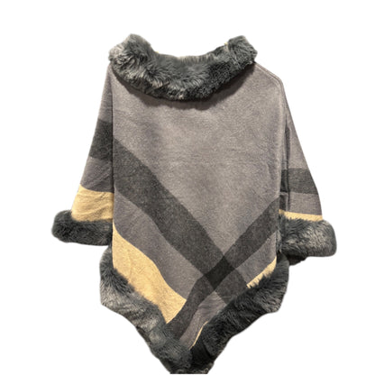 Faux Fur Trimmed Poncho with Wide Stripes