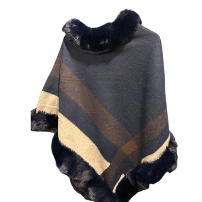 Faux Fur Trimmed Poncho with Wide Stripes