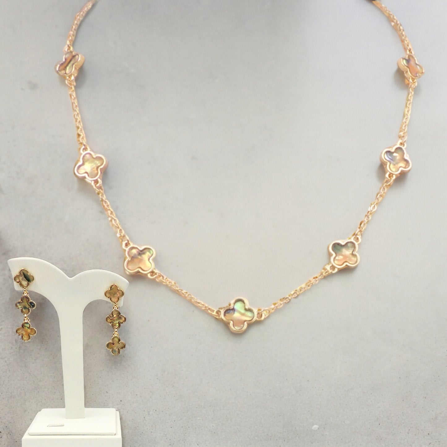Gold Mother of Pearl Clover Necklace and Earring Bundle