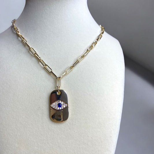 Gold Dog Tag Evil Eye Necklace