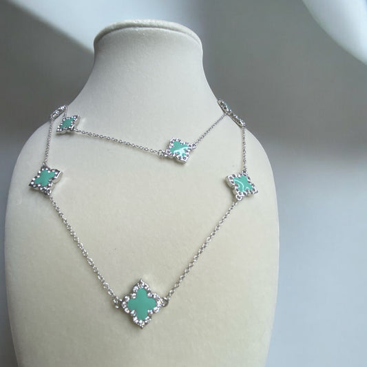 Silver Turquoise Clover and Crystal Necklace 36"