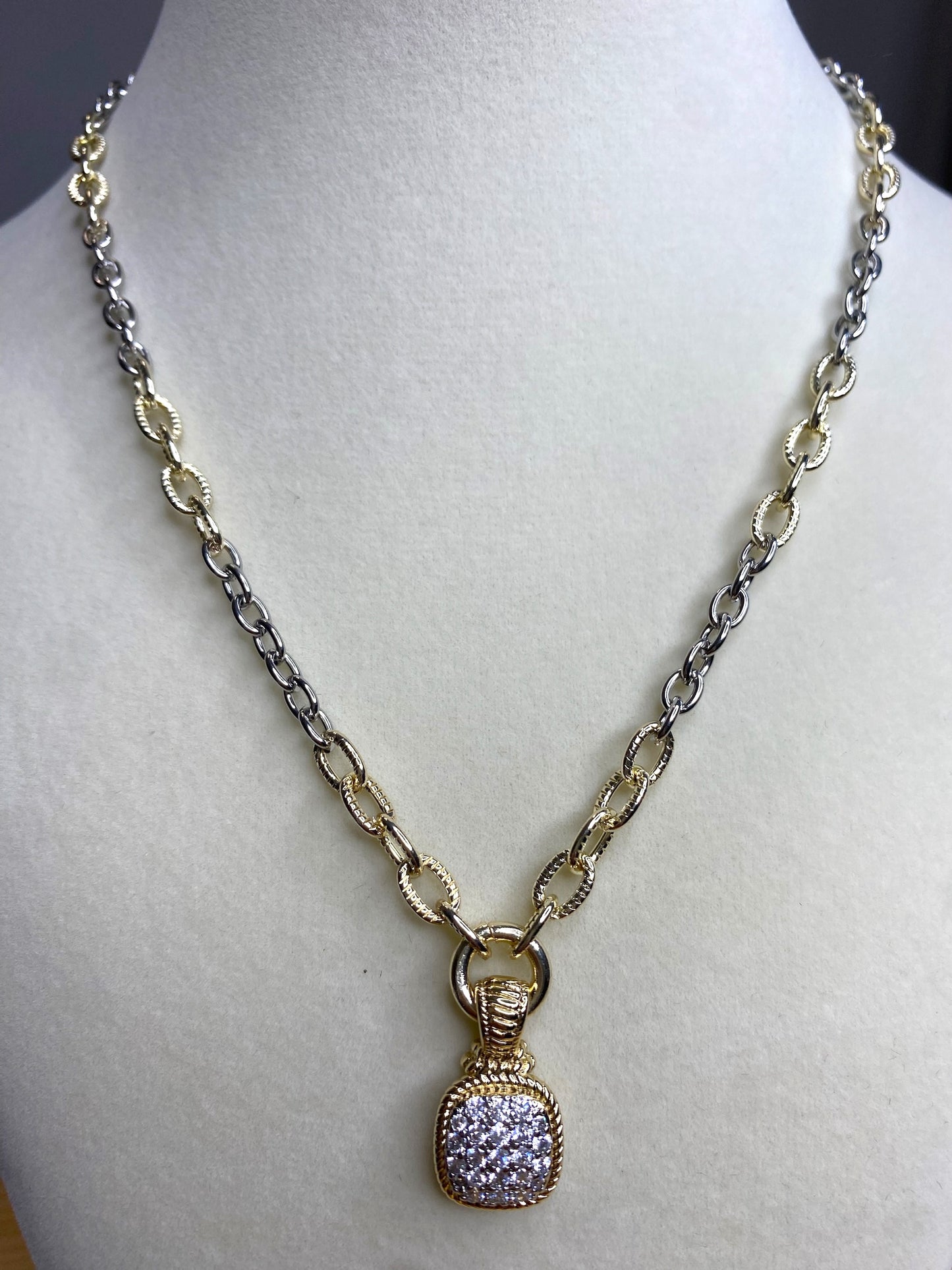 Two Toned Necklace with Pave Square Pendant