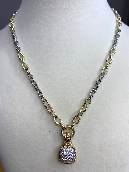 Two Toned Necklace with Pave Square Pendant