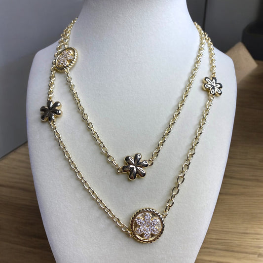 Gold Flower and Crystal Reversible Station Necklace