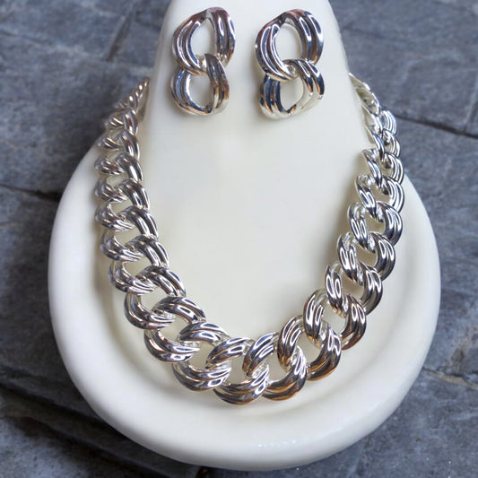 Silver Link Necklace and Earring Set