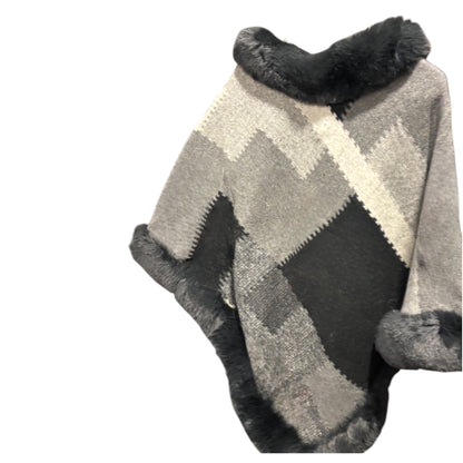 Geometric Faux Fur Trimmed Ponchos