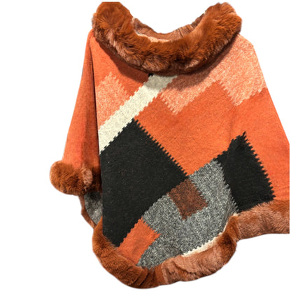 Geometric Faux Fur Trimmed Ponchos