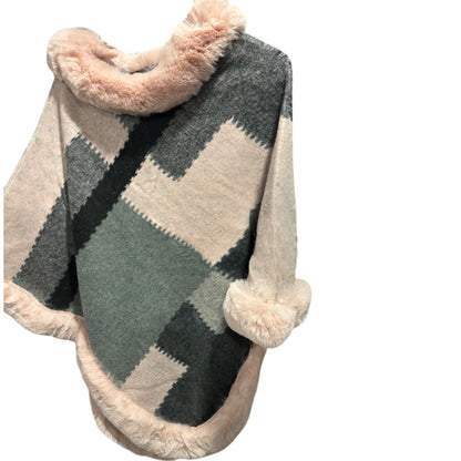 Geometric Faux Fur Trimmed Ponchos