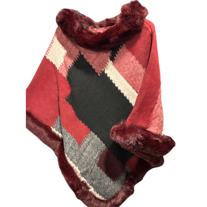 Geometric Faux Fur Trimmed Ponchos