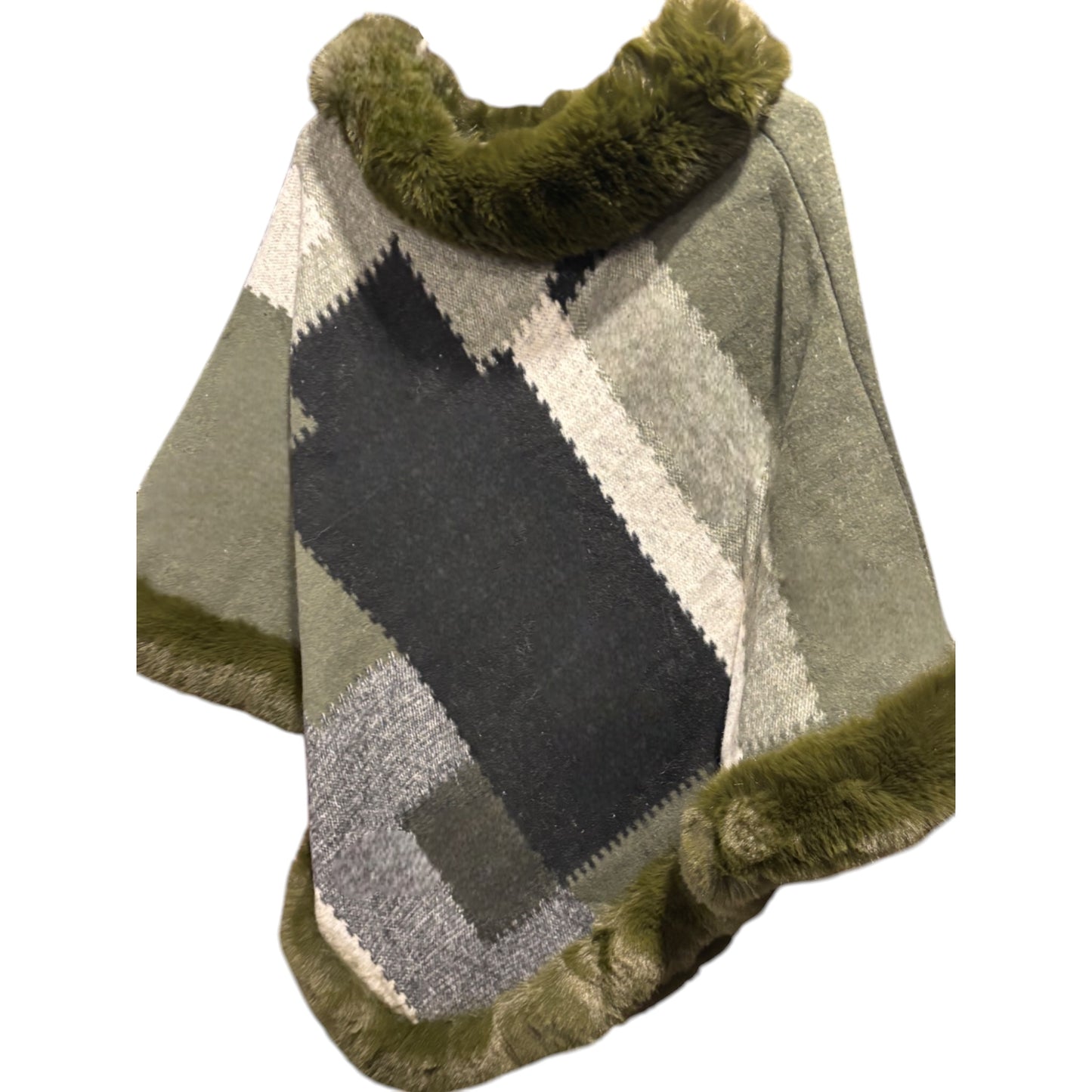 Geometric Faux Fur Trimmed Ponchos