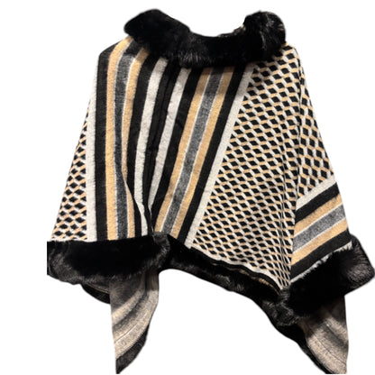 Checkered Ponchos with Faux Fur Trim