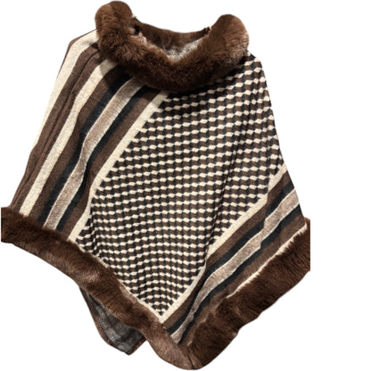 Checkered Ponchos with Faux Fur Trim