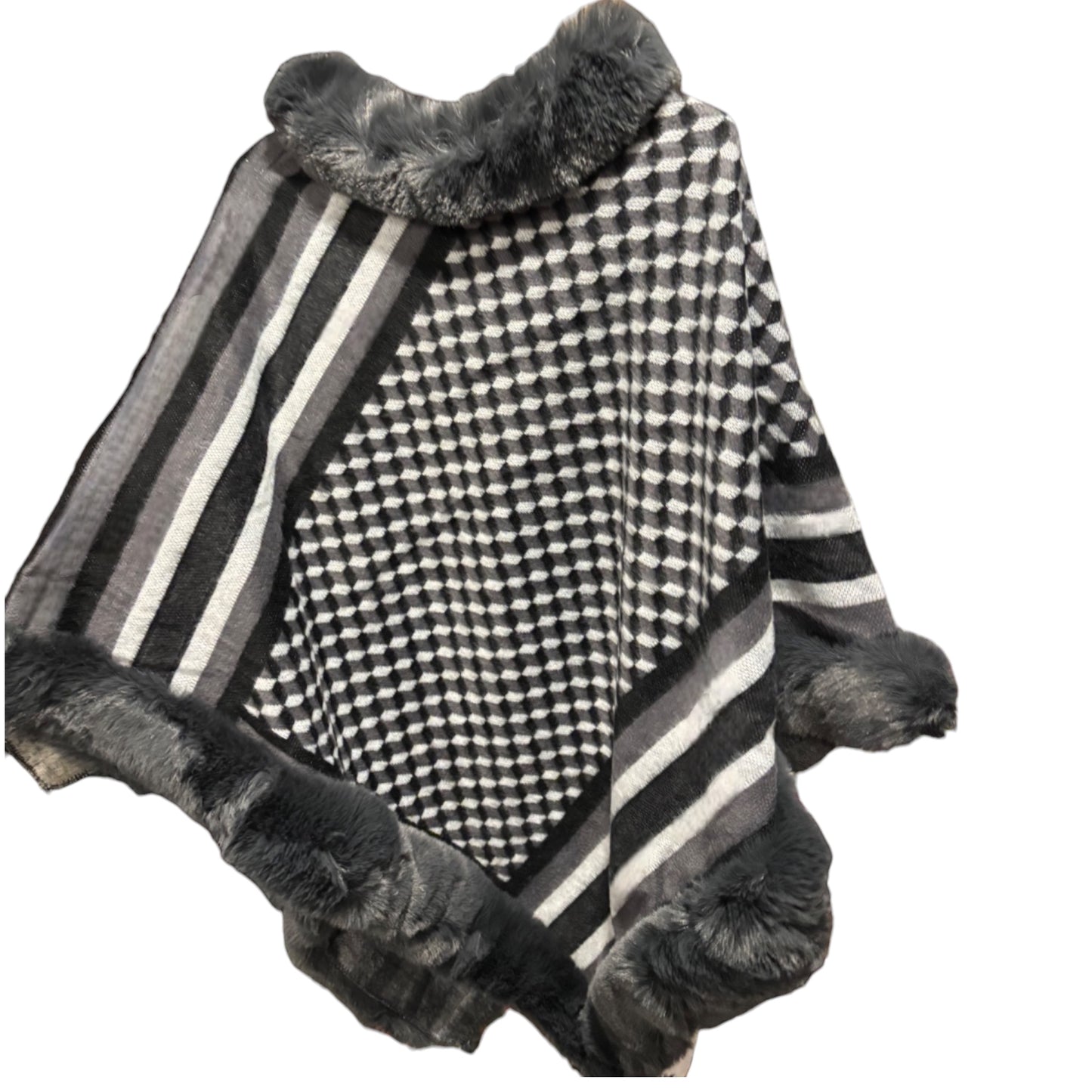 Checkered Ponchos with Faux Fur Trim